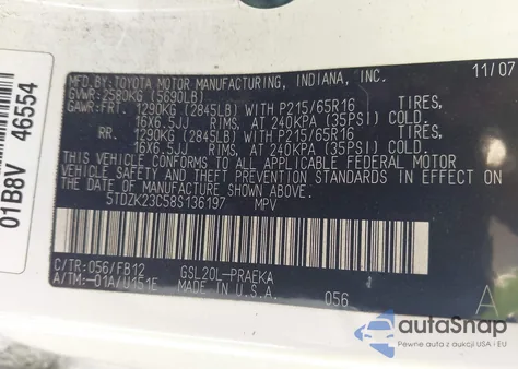 2008 Toyota Sienna Le z USA, uszkodzony, nr VIN 5TDZK23C58S136197